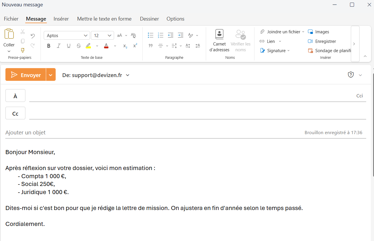 E-mail dans lequel un cabinet chiffre ses honoraires à la main, poste par poste